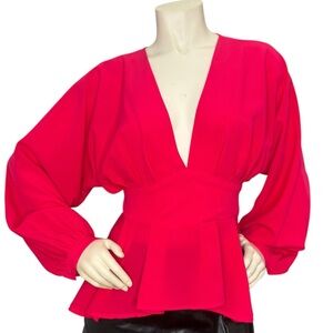A.CALIN BY FLYING TOMATO Fuchsia Pink V Neck Long Dolman Sleeve Peplum Blouse, M